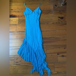 2000s blue sequined body con asymmetrical dress